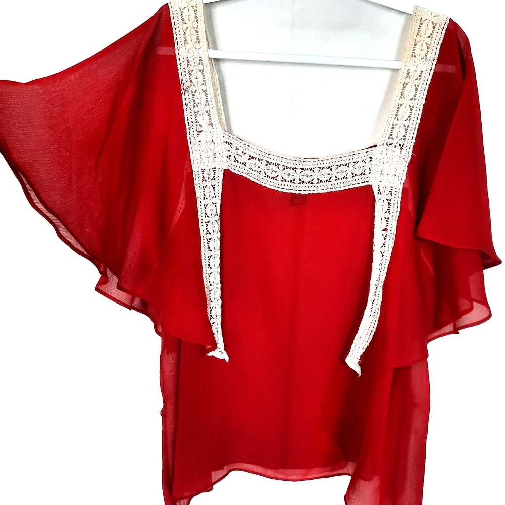 Lane Bryant Sheer Square Crochet Neck Butterfly Sleeve Top Sz 26 Red Boho Fairy